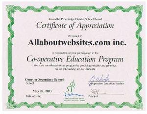 Certificate of Appreciation - All About Web Services