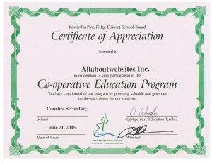 Certificate of Appreciation - All About Web Services